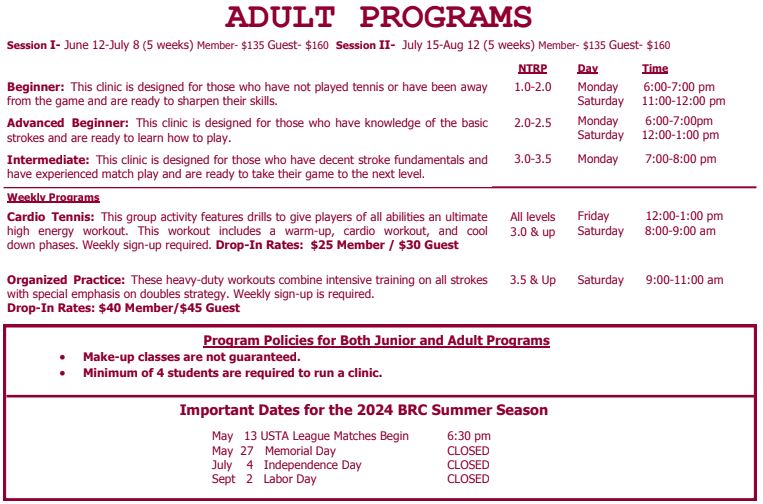 Adult Summer Programs
